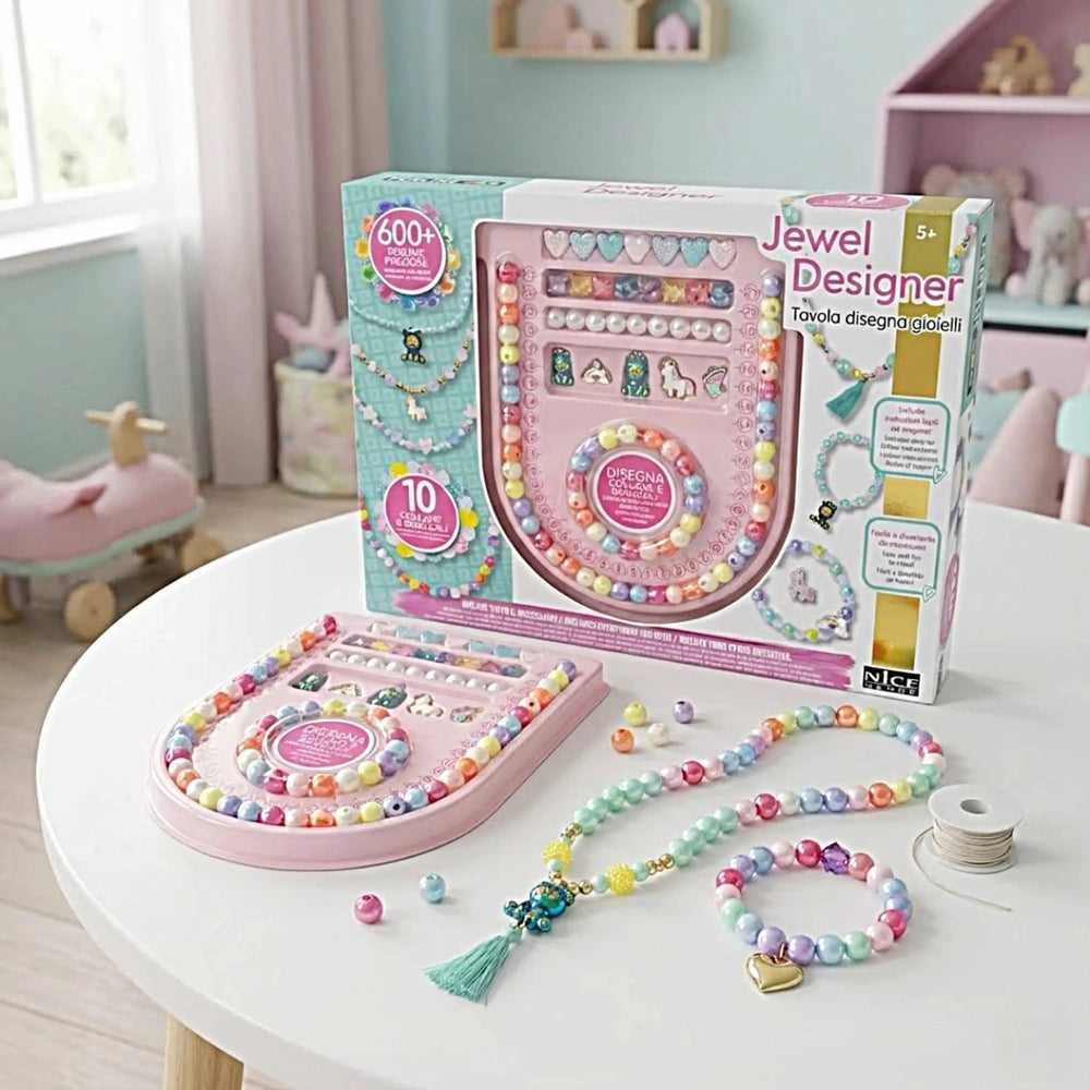 Nice Jewel Design 600 Precious Beads packaging features a pink design, clear window, and includes beads, string, and a small 