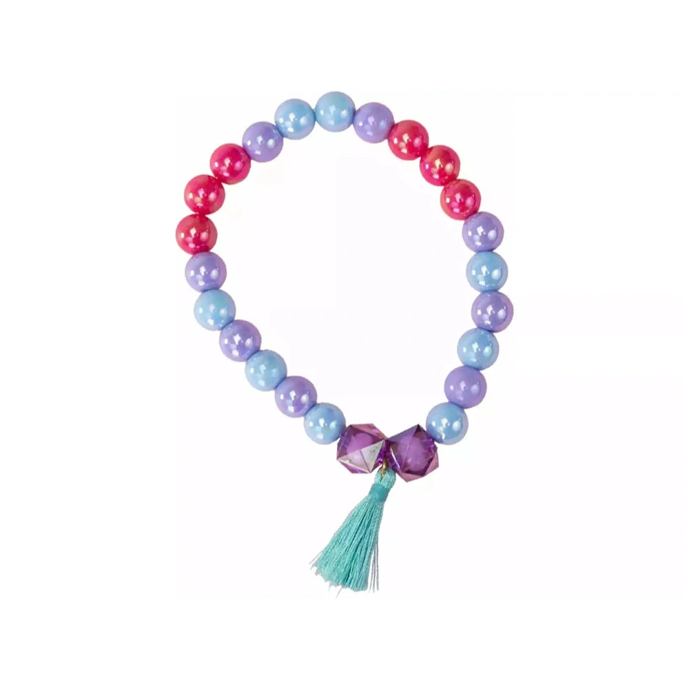 Jewel Design 600 Precious Beads in blue, pink, and purple with a teal tassel, strung together in a circular layout.