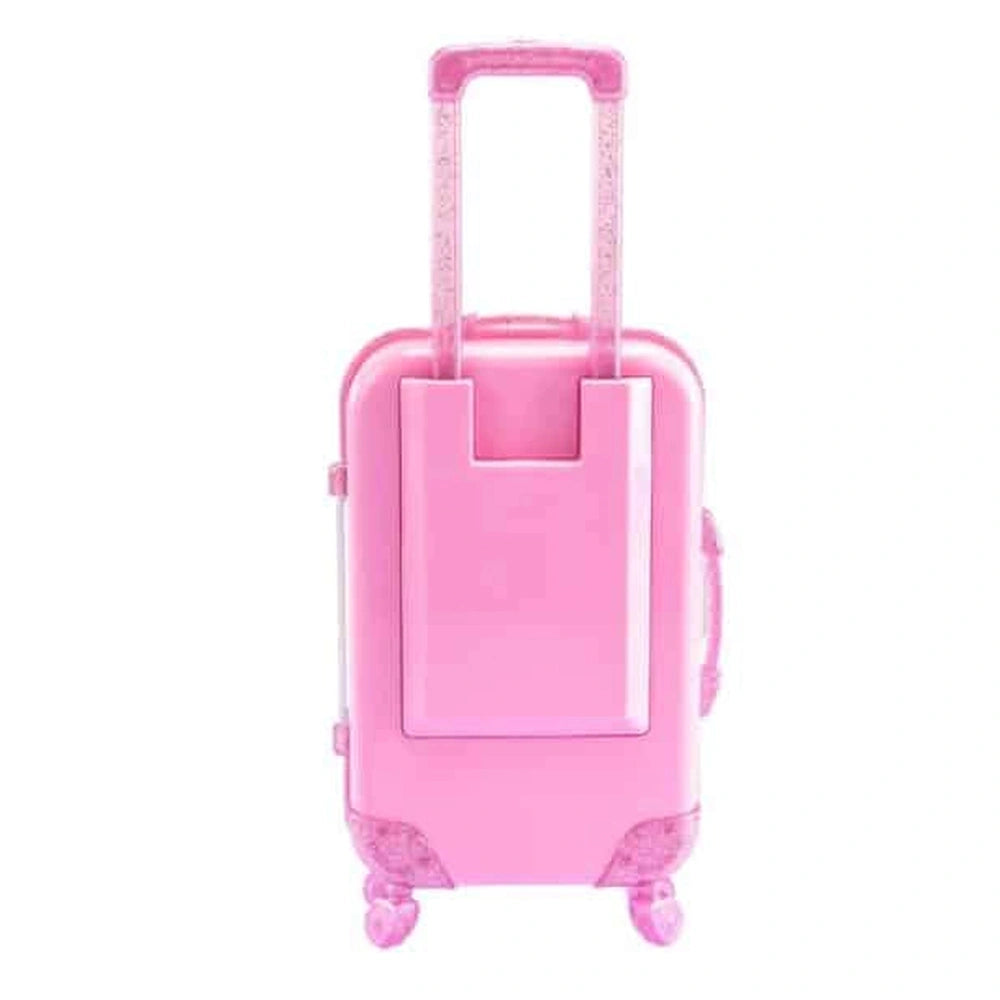 Magic Unicorn Trolley Makeup Set in pink plastic with wheels, handle, zipper, clasp, and side pockets.