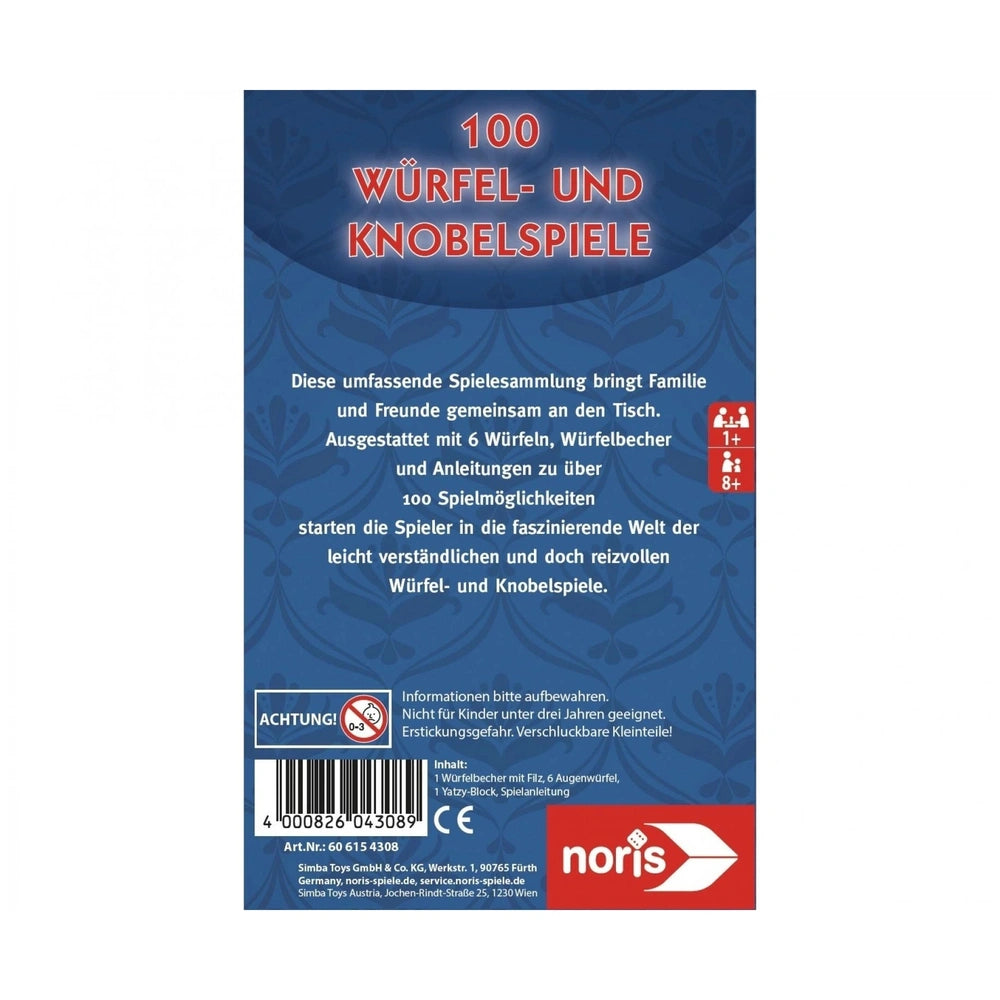 Noris 100 Dice and Tossgames packaging featuring blue floral design, red text, and details for ages 3 and up.