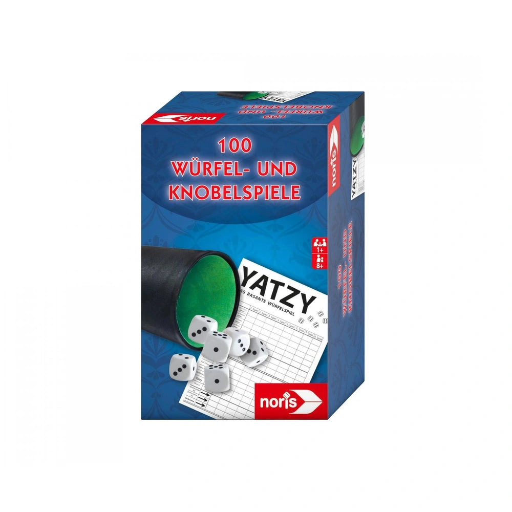 Noris - 100 Dice and Tossgames boxed set featuring YATZY graphic and bold promotional design in blue and red.