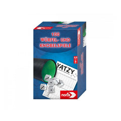 Noris - 100 Dice and Tossgames boxed set featuring YATZY graphic and bold promotional design in blue and red.