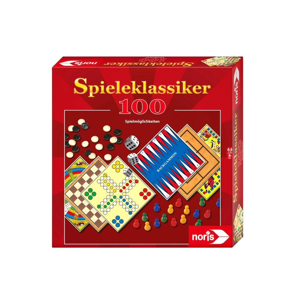 Noris 100 Games Collection box featuring vibrant game graphics and colorful pieces for engaging gameplay.