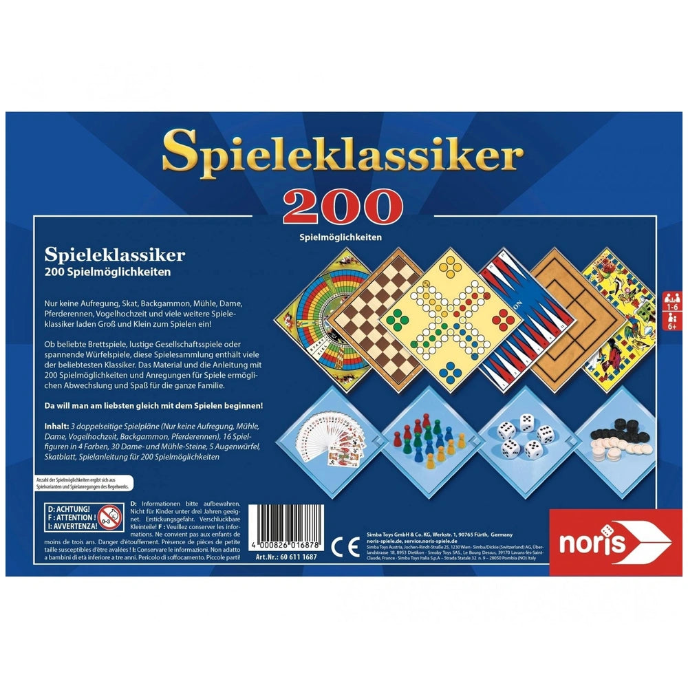 Noris 200 Games Collection packaging features vibrant colors, game pieces, and age recommendations, appealing for family fun.