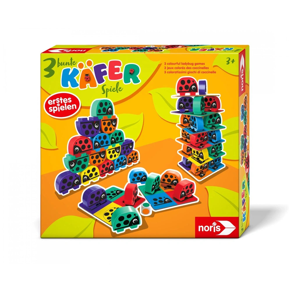 Noris 3 Colorful Bug Games box showcasing vibrant ladybug designs, ideal for engaging childrens playtime.