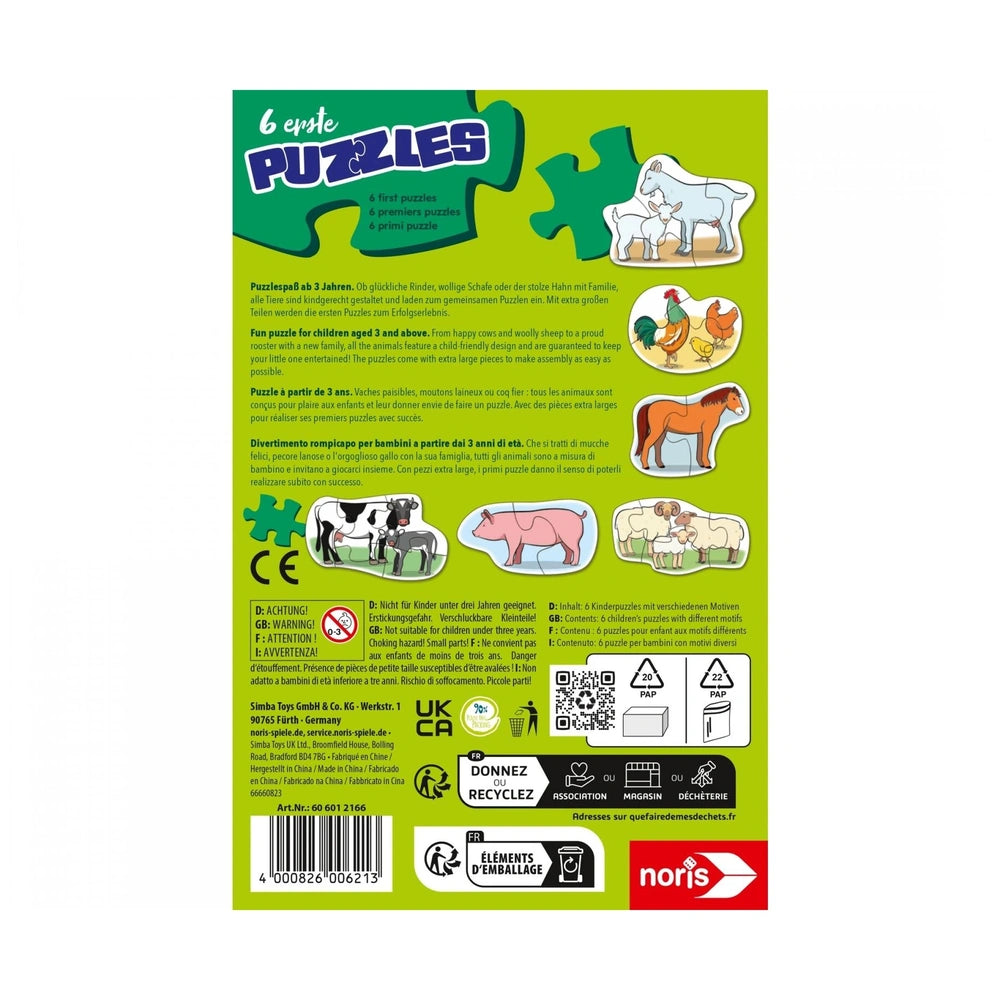 Noris - 6 first Puzzles - Farm Animals packaging featuring colorful illustrations of cartoon animals for children.