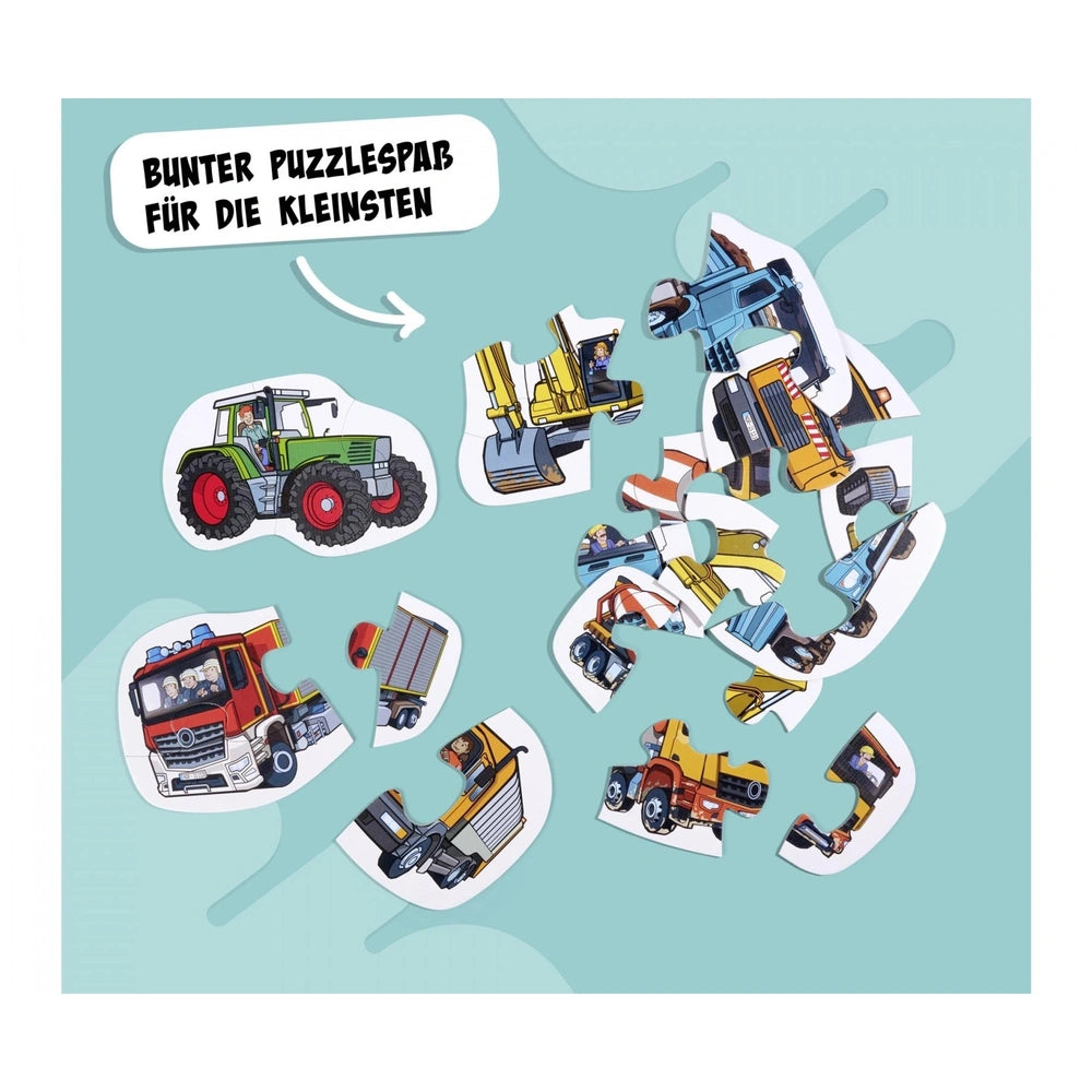 Noris 6 first Puzzles - Vehicles features colorful construction vehicles and interlocking puzzle pieces for children.