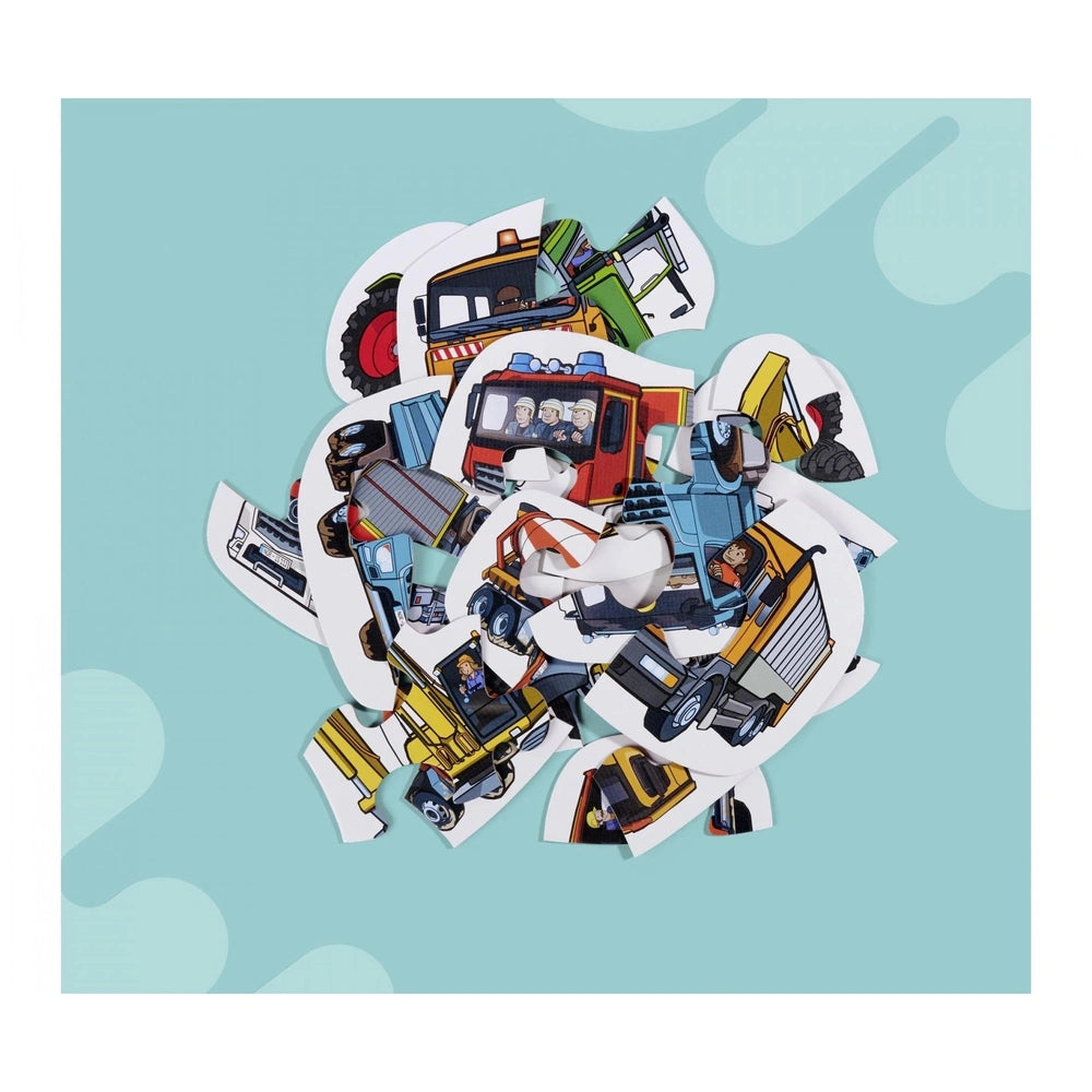 Noris 6 first puzzles featuring colorful vehicle cut-outs like trucks and cranes against a light blue background.