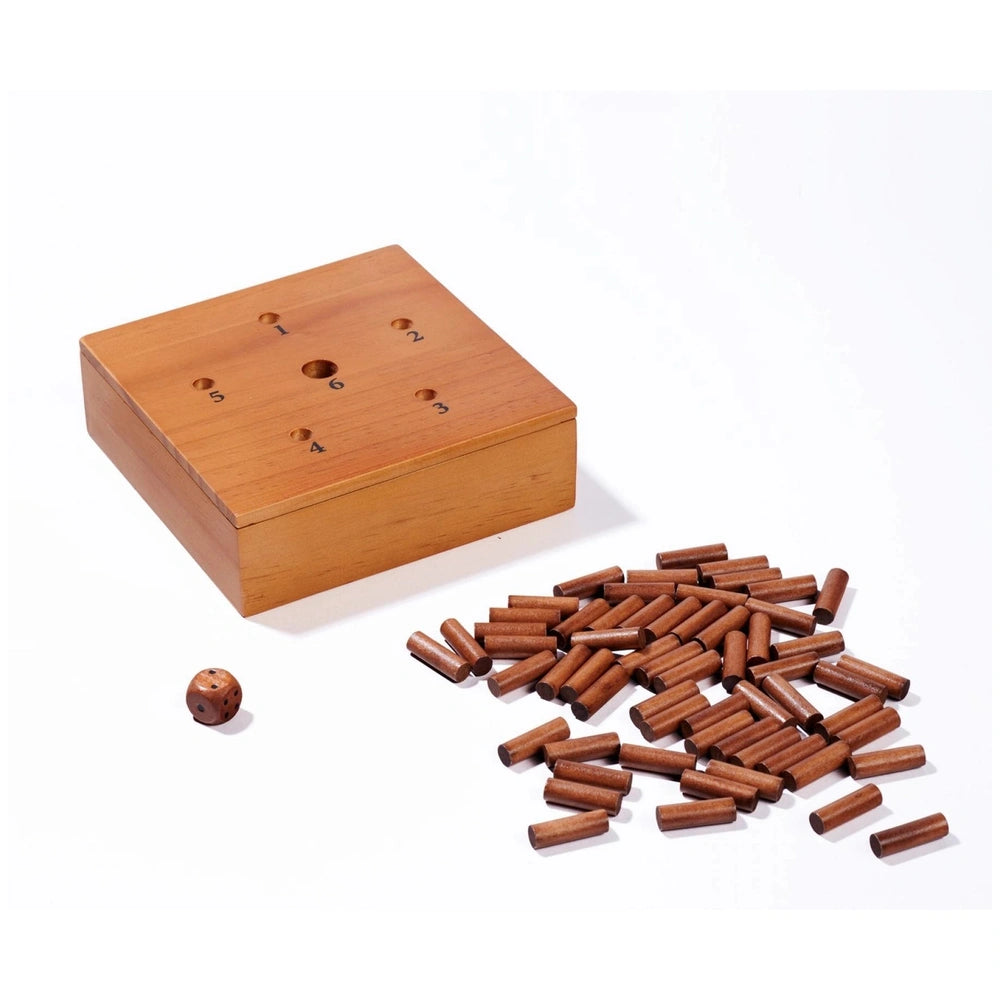Noris Deluxe Lucky 6 board game wooden box with pegs, showcasing a simple and elegant design on a light background.