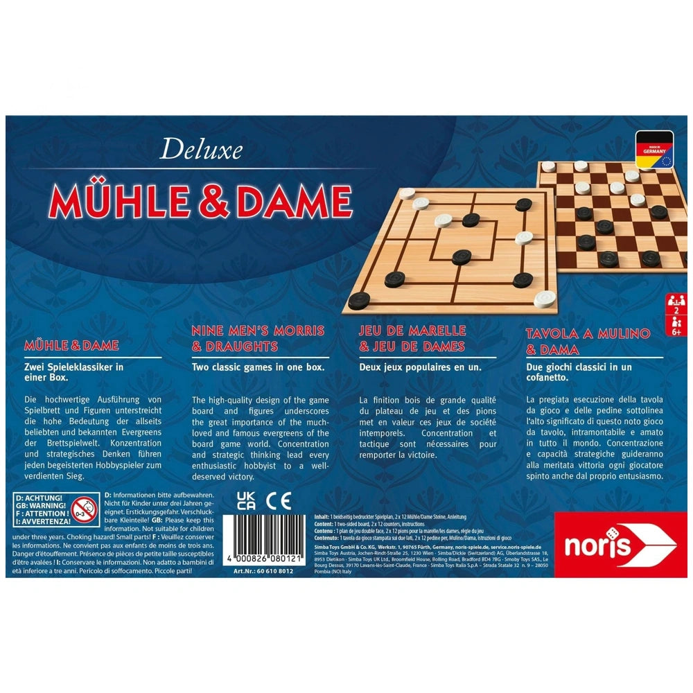 Noris Deluxe Morris & Checkers board game packaging featuring vibrant blue design, checkered game boards, and bold text.