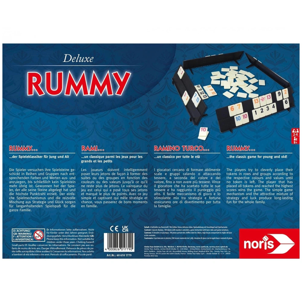 Noris Deluxe Rummy Board Game set featuring colorful design, suitable for 2-6 players, with various game variations.