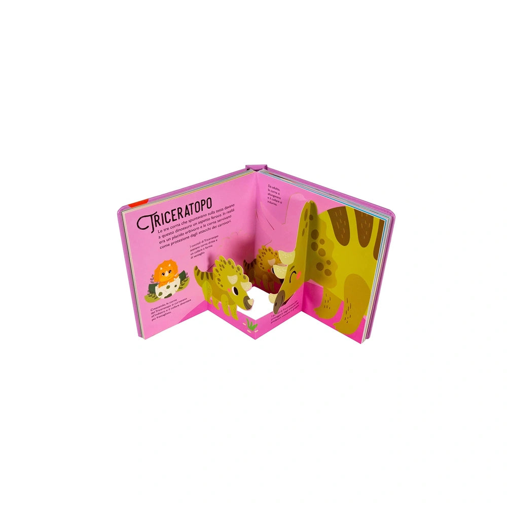 NUINUI Dinosaur Puppies book features a pink glossy cover with black stylized text "CRICERATOPO" and yellow matte pages.