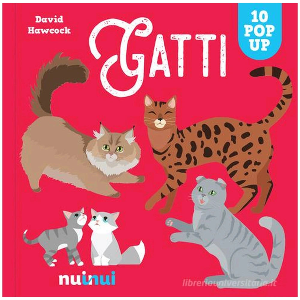 NuiNui Pop Up Gatti Book with playful cat illustrations on glossy cardstock against a vibrant red background.