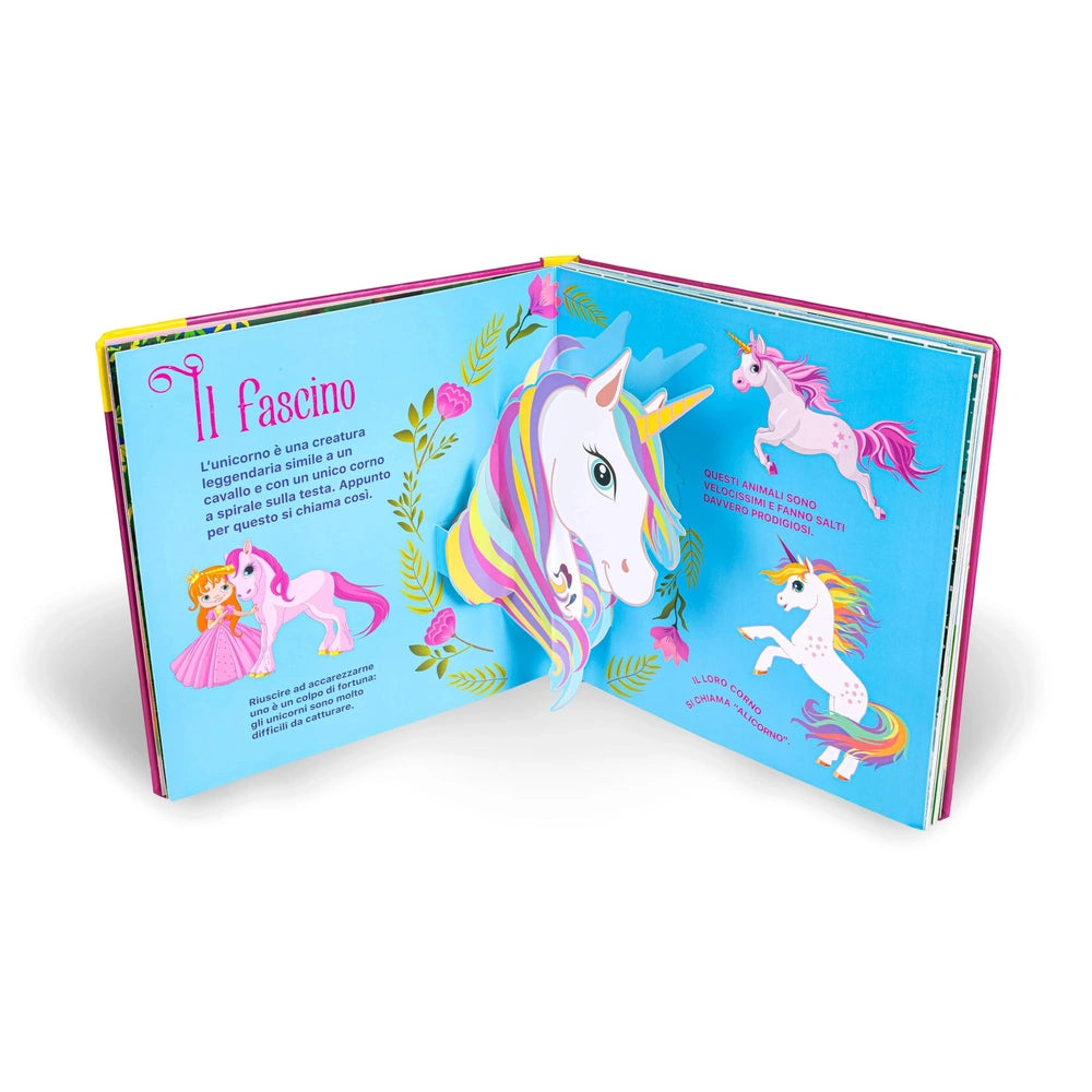 NUINUI Unicorni Super Pop-Up book features a glossy blue cover with pastel unicorn illustrations and light blue text on an op