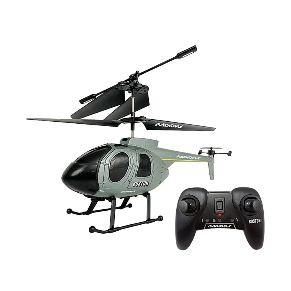 Radiofly RC Helicopter Boston in black and gray matte plastic with two rotors, accompanied by a black glossy remote control.