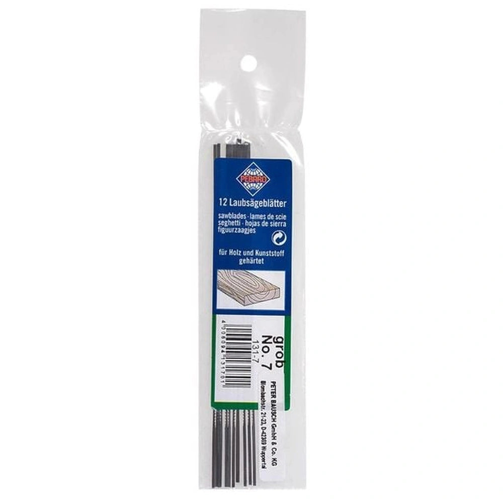 Pebaro fretsaw blades package, 12 pieces for wood and plastic, in clear plastic wrap with blue label.