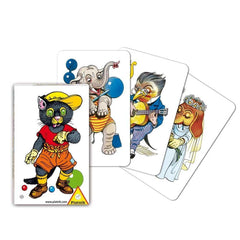 PIATNIK Schwarzer Peter card features a cartoon cat in a yellow hat, orange shirt, and blue balloon on a glossy playing card.