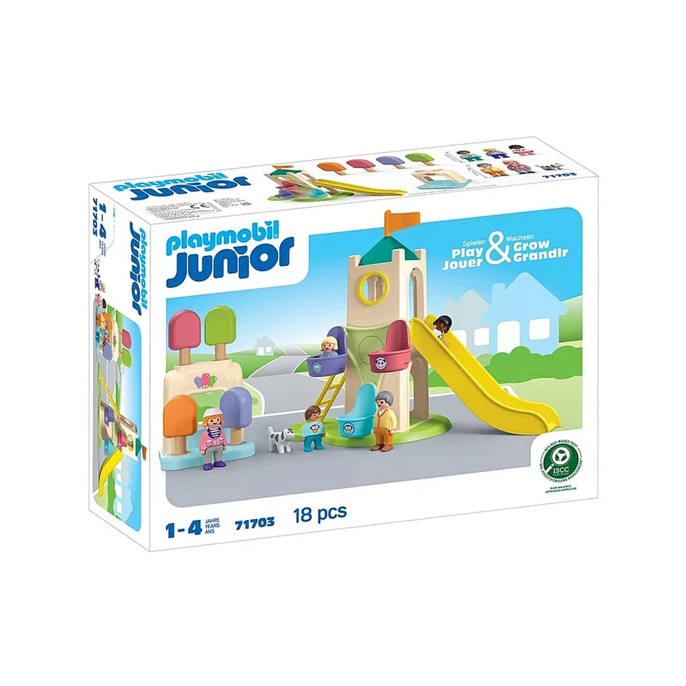 Playmobil Adventure Tower with Ice Cream Booth in colorful playset packaging featuring various slides and toy vehicles.