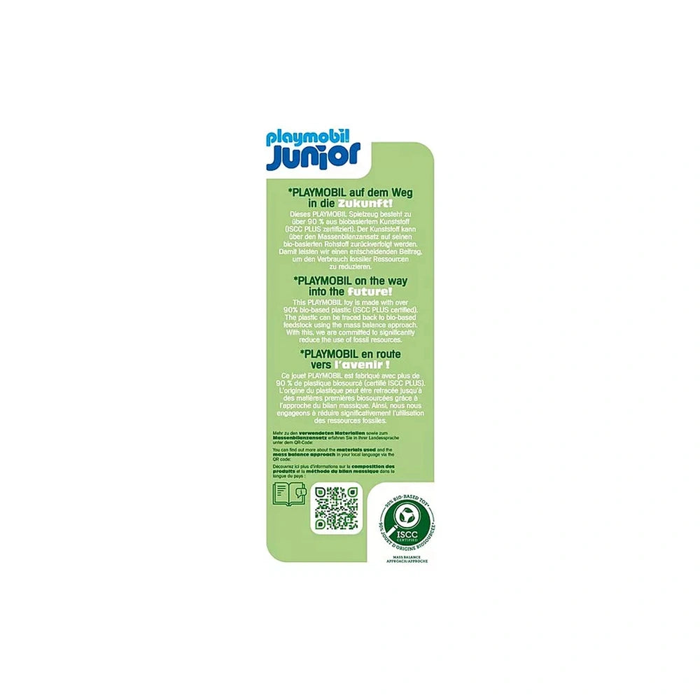 Playmobil Adventure Tower with Ice Cream Booth packaging featuring green and white text, QR code, and Playmobil Junior logo.