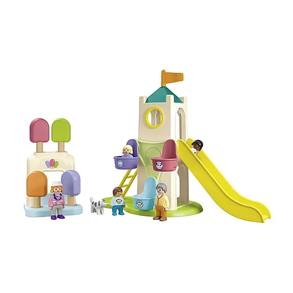 Playmobil Adventure Tower features a green roof, brown door, and multiple yellow elements, including a slide and ladder.