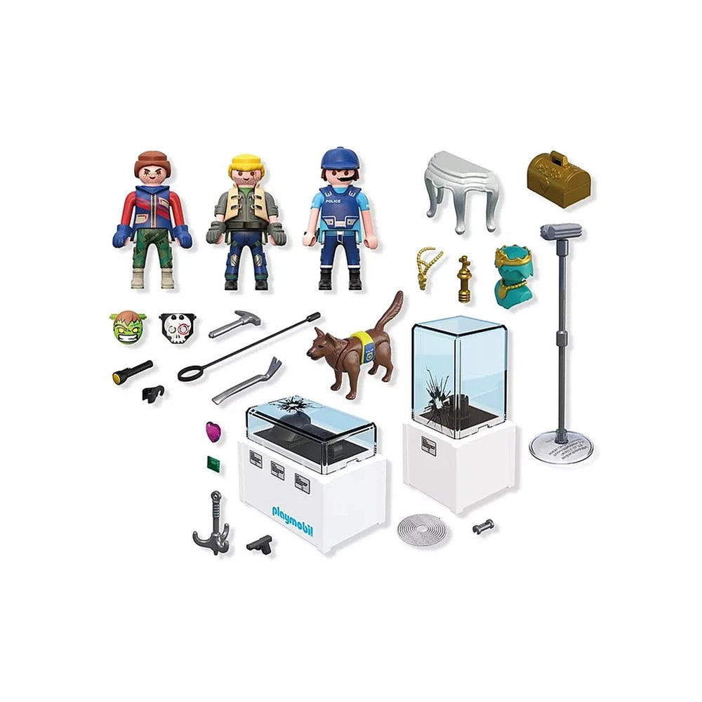 Playmobil Diamond Heist toy playset features four colorful plastic figures on a white surface, posed in various positions.