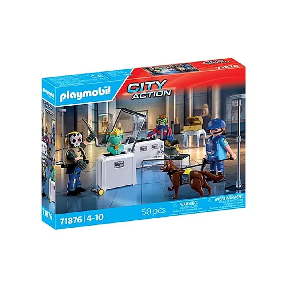 Playmobil Diamond Heist toy playset packaging features a red background, transparent window, and multiple police-themed toy f