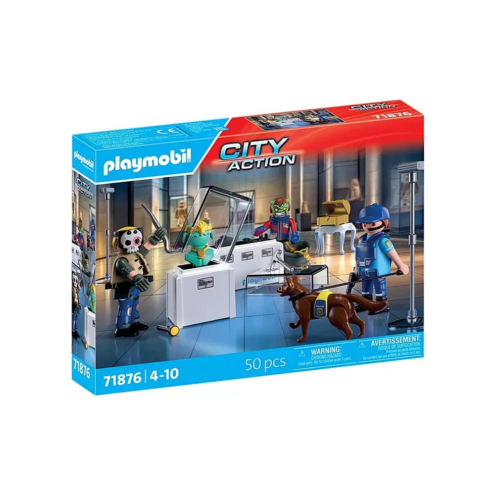 Playmobil Diamond Heist toy playset in red cardboard packaging with clear plastic window, featuring a dog and other toys.