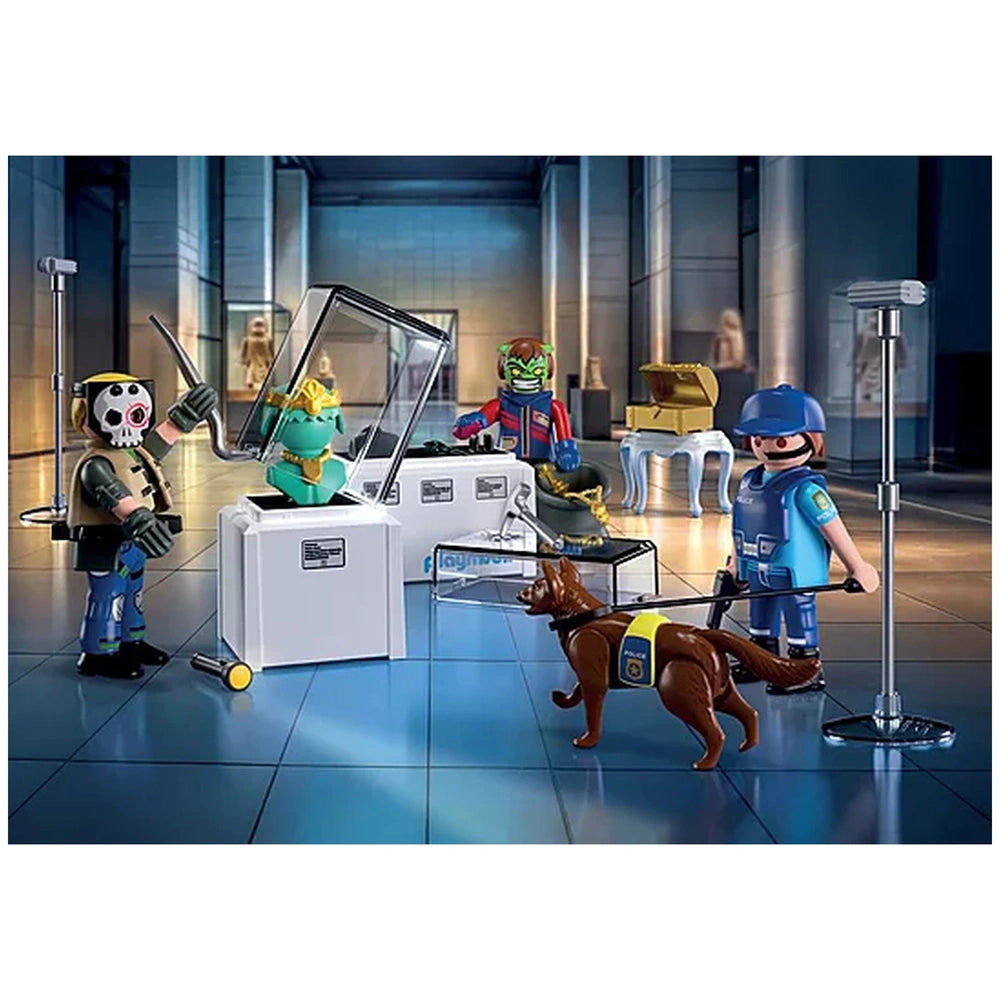 Playmobil Diamond Heist playset featuring a police officer, monster figure, and a dog in a lively indoor scene.