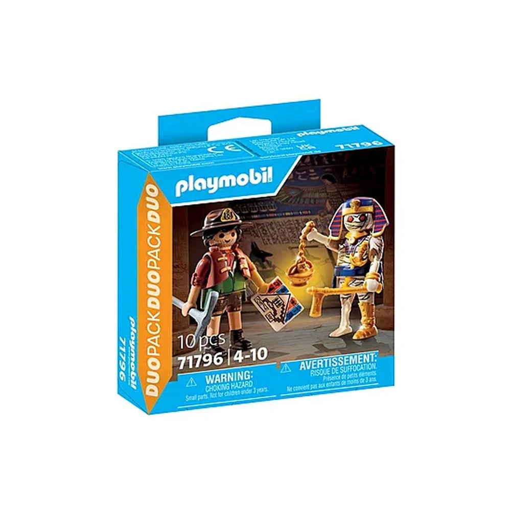 PLAYMOBIL DuoPack Treasure Hunter and Mummy toy playset features 10 pieces with glossy packaging and safety warnings on a blu