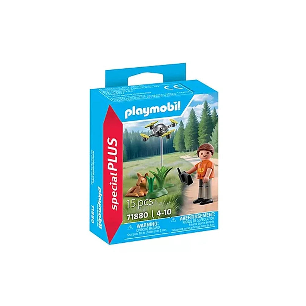 Playmobil Fawn Rescue with Drone toy playset packaging features blue background, white text, and a transparent plastic window