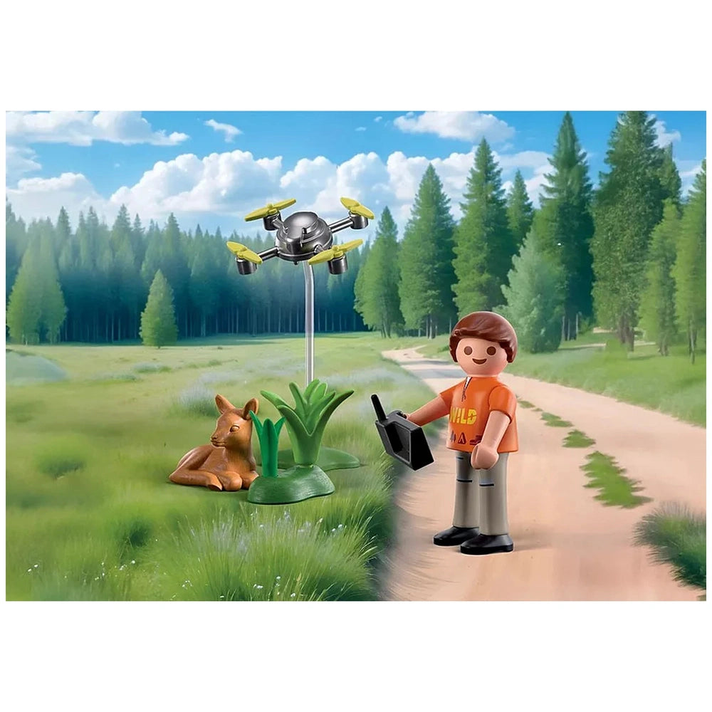 Playmobil Fawn Rescue set featuring a plastic drone, orange-shirted figure, and brown kangaroo on a green grass backdrop.