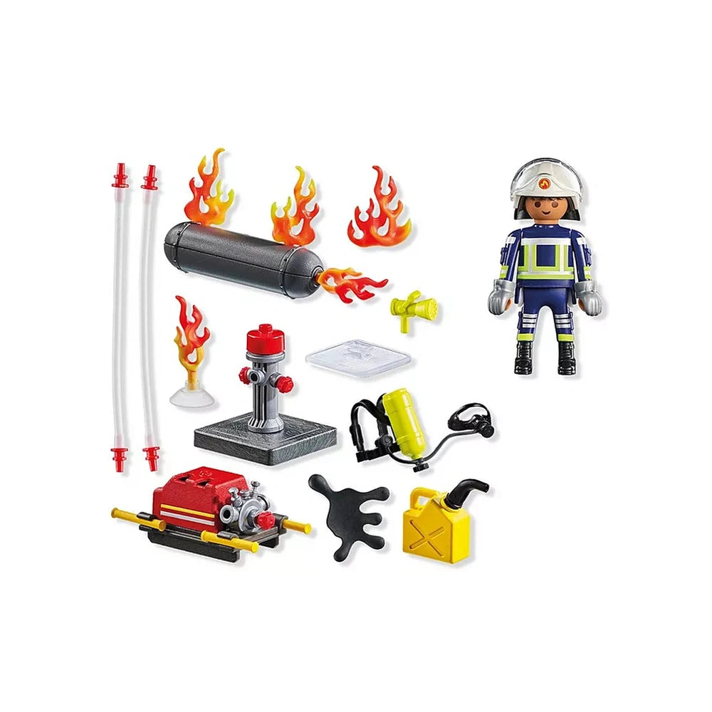 PLAYMOBIL firefighter toy with water pump, featuring a red fire truck, fire hydrant, hose, helmet, and colorful uniform.