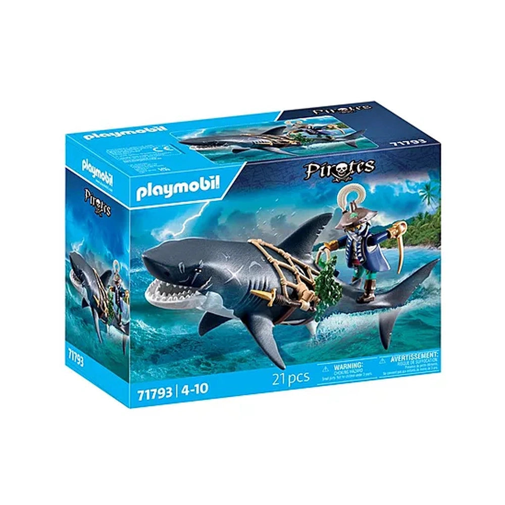Playmobil Giant Shark with Pirate toy playset featuring a gray shark and a pirate in blue attire against a blue background.