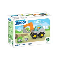 Playmobil Junior Shovel Excavator toy playset in orange and gray packaging with transparent window and blue-green text.