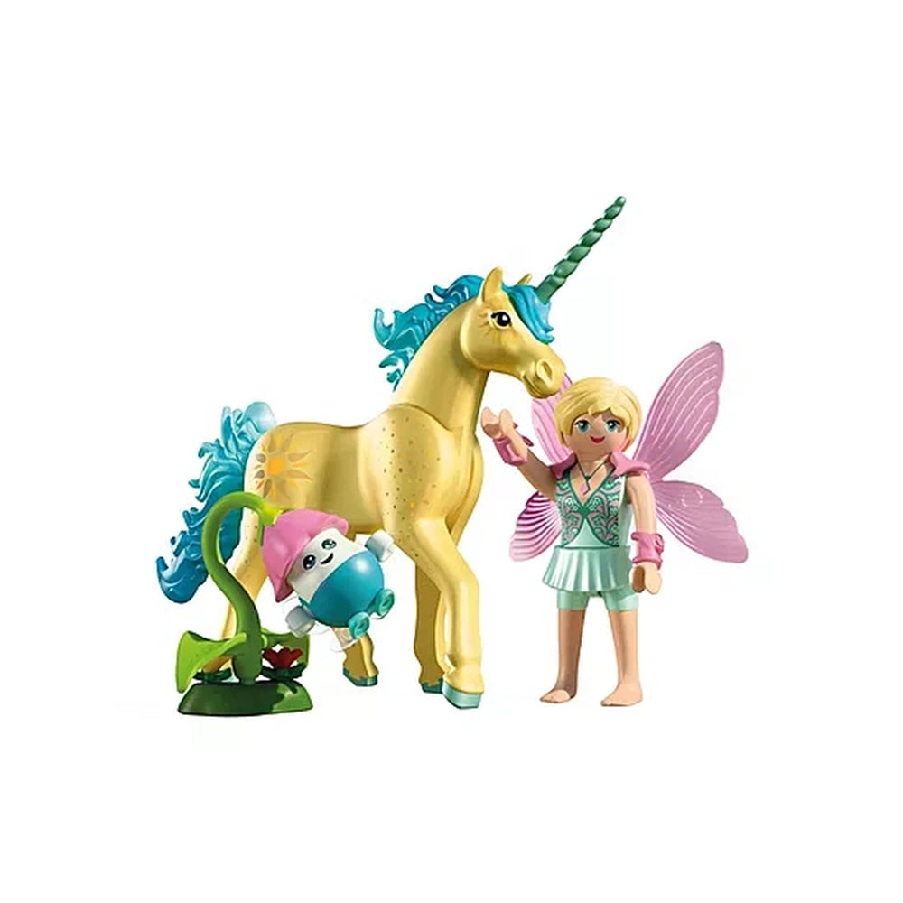 Playmobil Magic Unicorns Sunshine Blossom set features a glossy golden unicorn and a matte pink-dressed fairy with colorful w