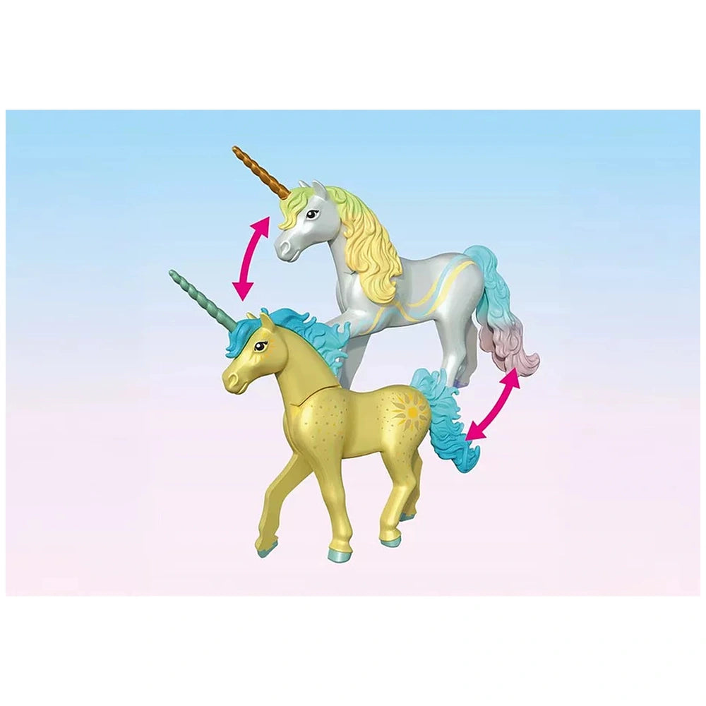 Playmobil Magic Unicorns Sunshine Blossom toy set features two shiny unicorn figurines with blue and yellow glossy manes and 