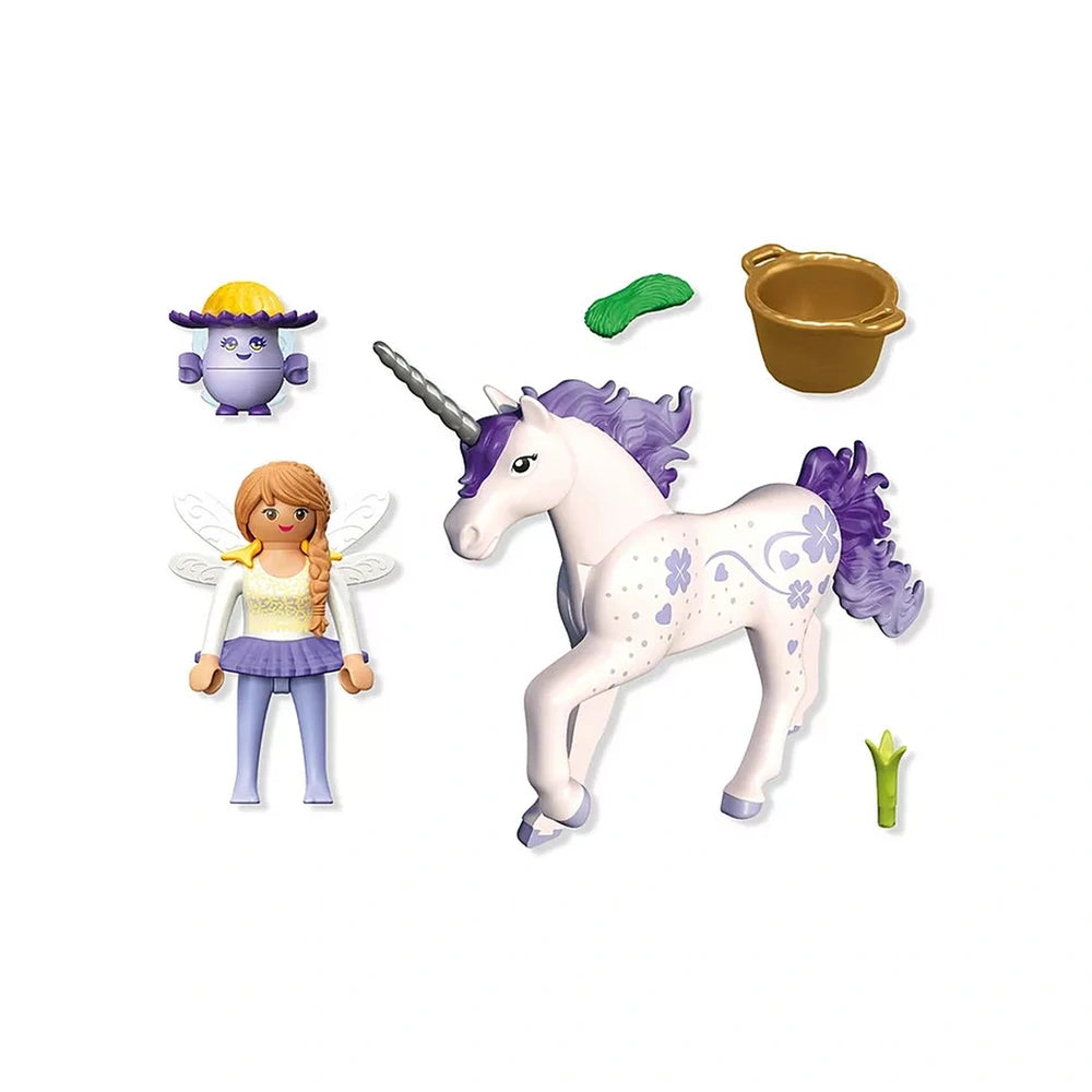 Playmobil Magic Unicorns playset featuring a white unicorn, blonde fairy, brown pot, and vibrant green broccoli.