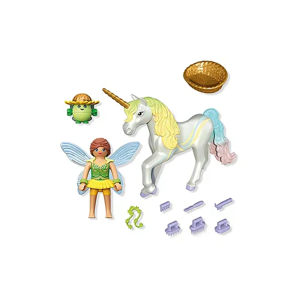 Playmobil Magic Unicorns playset features a shiny unicorn and a matte fairy with a green dress and metallic bowl.