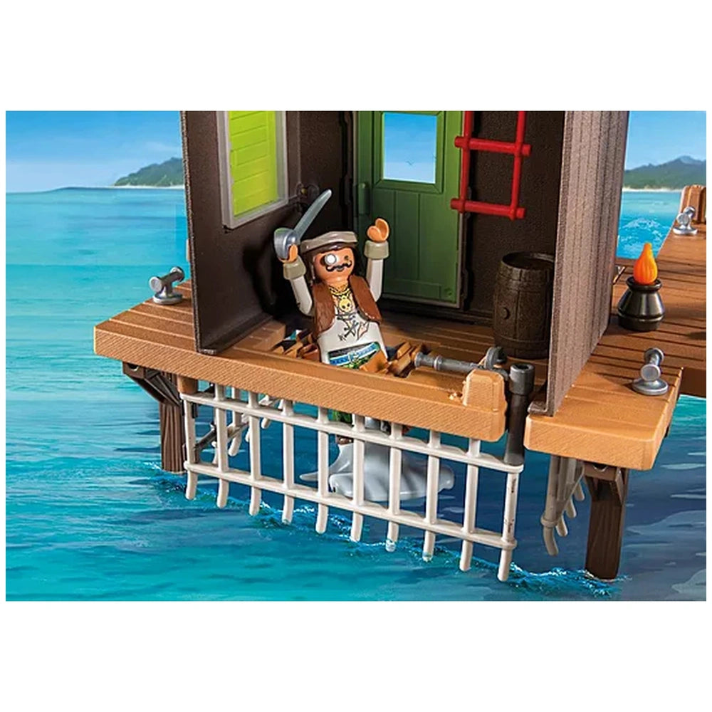 Playmobil Pirate-Harbor toy playset features a wooden deck, plastic railings, and multiple plastic water elements in a vibran