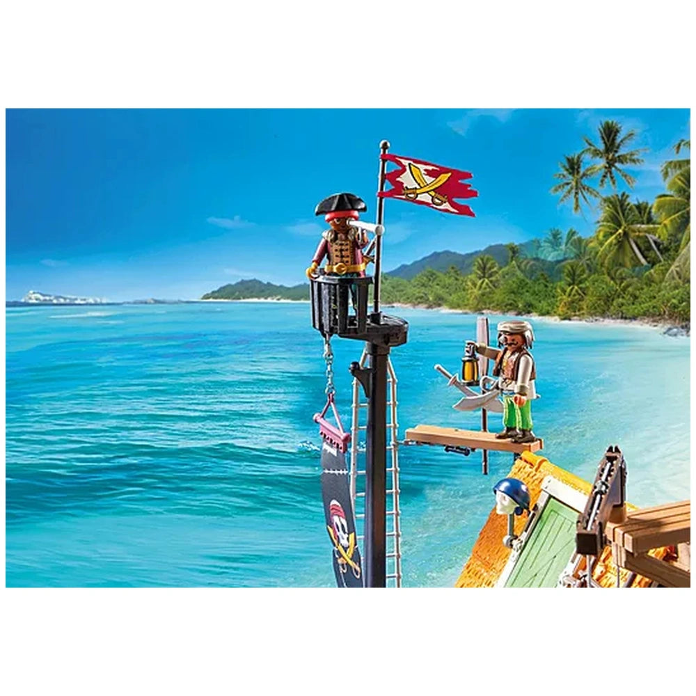 Playmobil Pirate-Harbor playset features two figures in pirate attire, a red and white flag, and a vibrant beach scene.