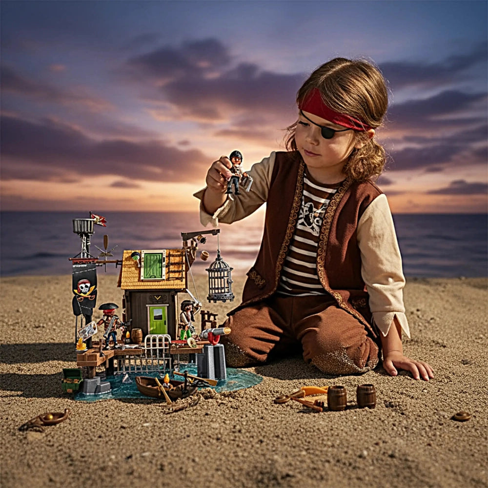 Playmobil Pirate-Harbor playset features a child with a red bandana, surrounded by toy pirate ship, figures, and beach access