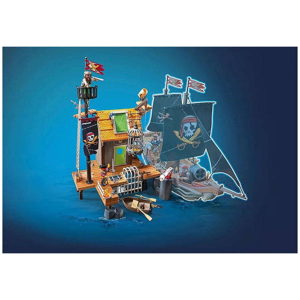 Playmobil Pirate-Harbor playset features a wooden base, plastic pirate ship, figures, and accessories like a treasure chest a