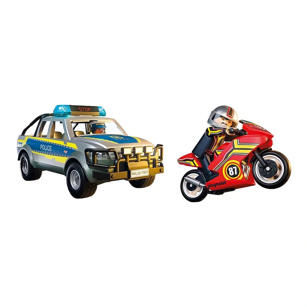 Playmobil Police Chase set features a blue and yellow pick-up truck with "STOP" sign and a red motorcycle with number "81."