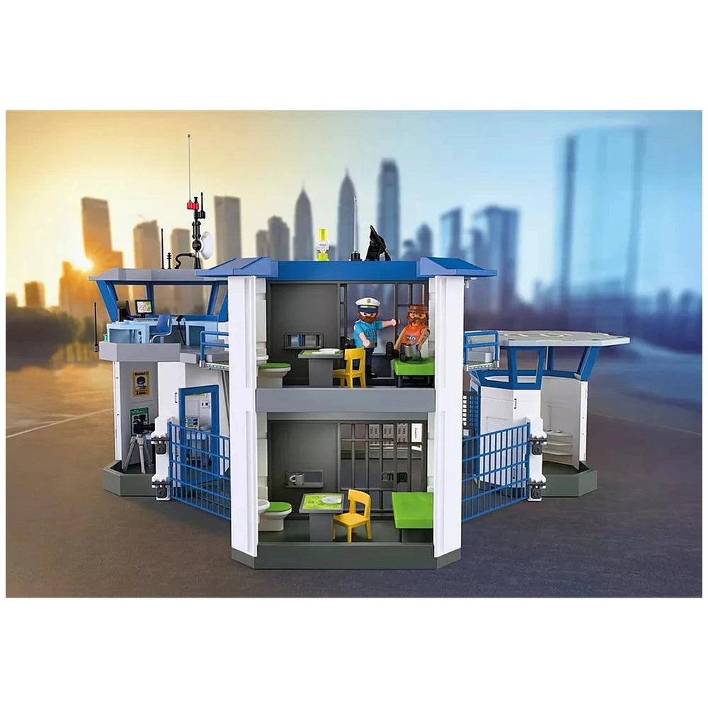Playmobil Police Command Center features a white metal structure, gray metal tables, and colorful plastic chairs in a lifesty