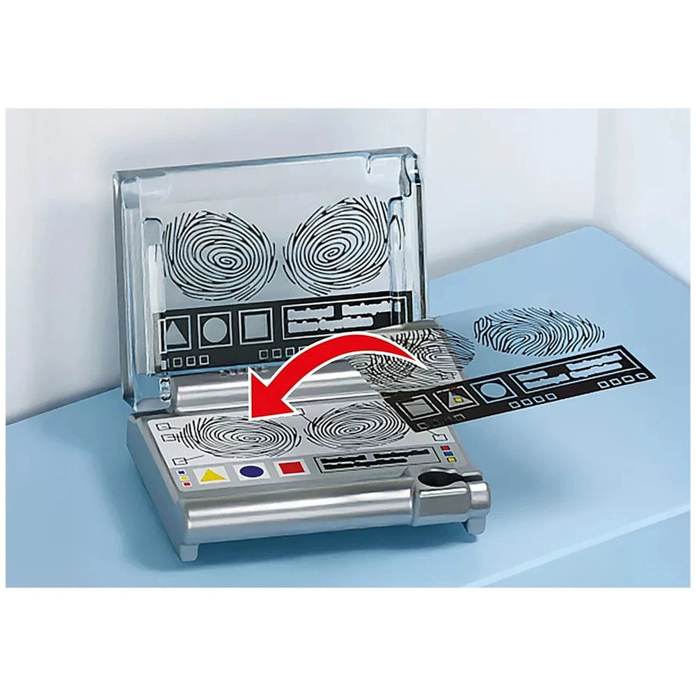 Playmobil Police Command Center toy playset features a glass window, metal frame, and colorful buttons in a plastic layout.