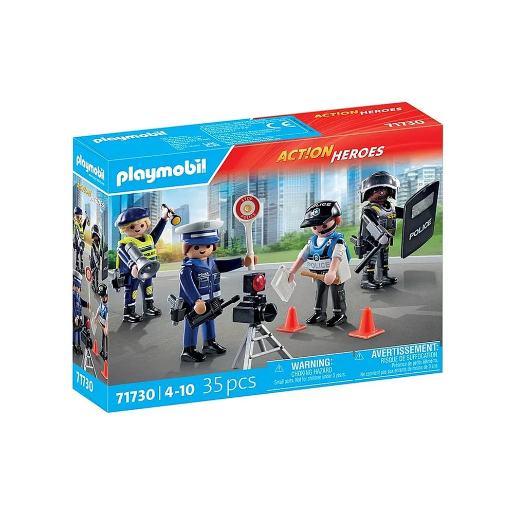 Playmobil Police-Figures-Set features a blue-uniformed officer with a baton, standing on an orange cone beside a traffic ligh