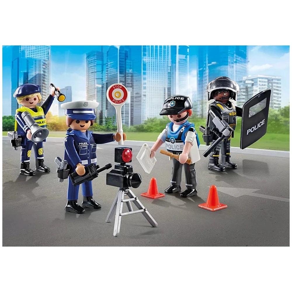 Playmobil Police-Figures-Set features five Lego figures in blue and white uniforms, holding a camera, stop sign, and police b