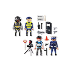 Playmobil Police-Figures-Set featuring multiple plastic toy police officers arranged in a central layout.