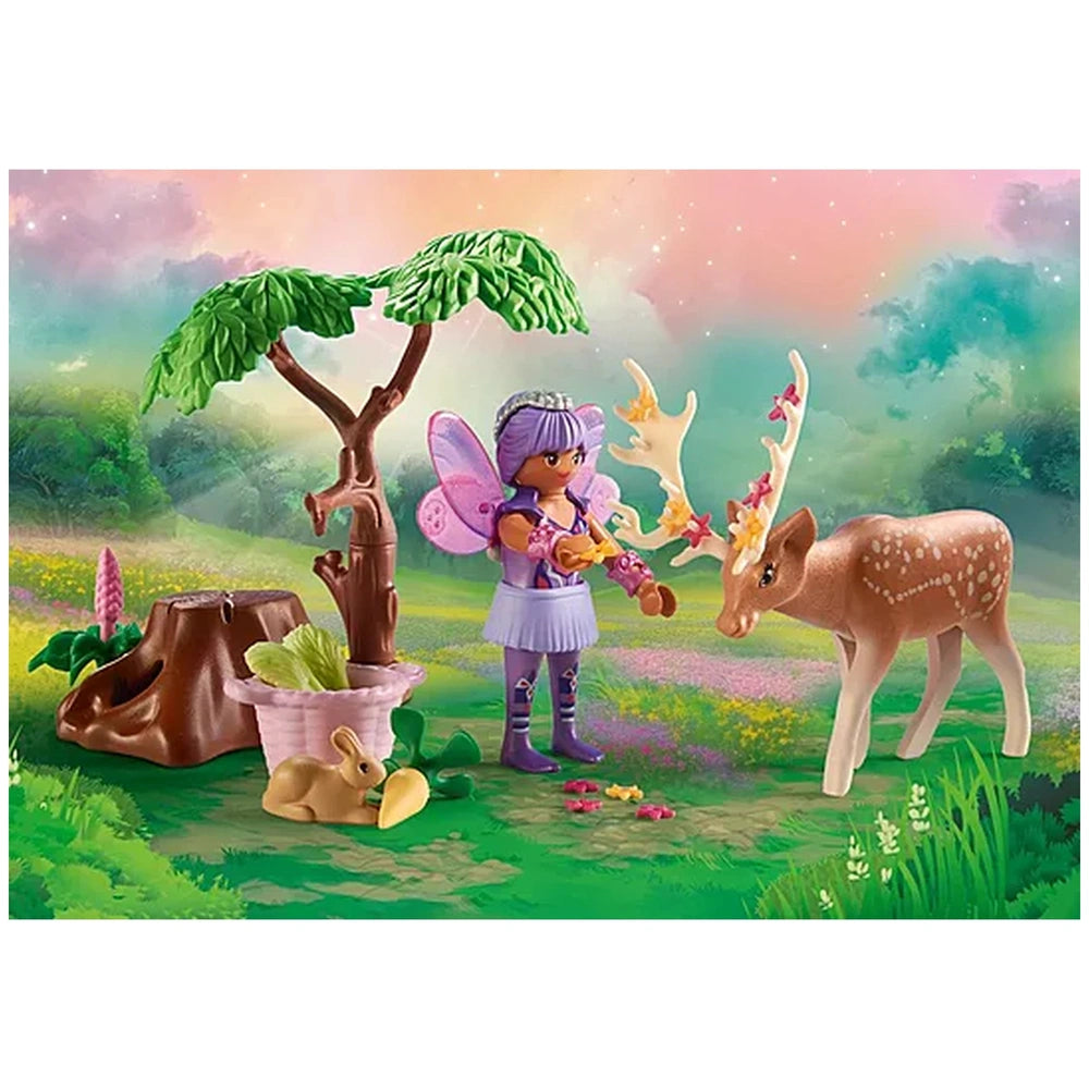 Playmobil Princess Magic toy playset packaging features a fairy, deer, and rabbit against a colorful gradient background.