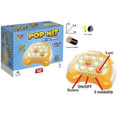 Pop Hit electronic pop it game packaging features a blue design, showcasing a yellow game controller toy with buttons and joy